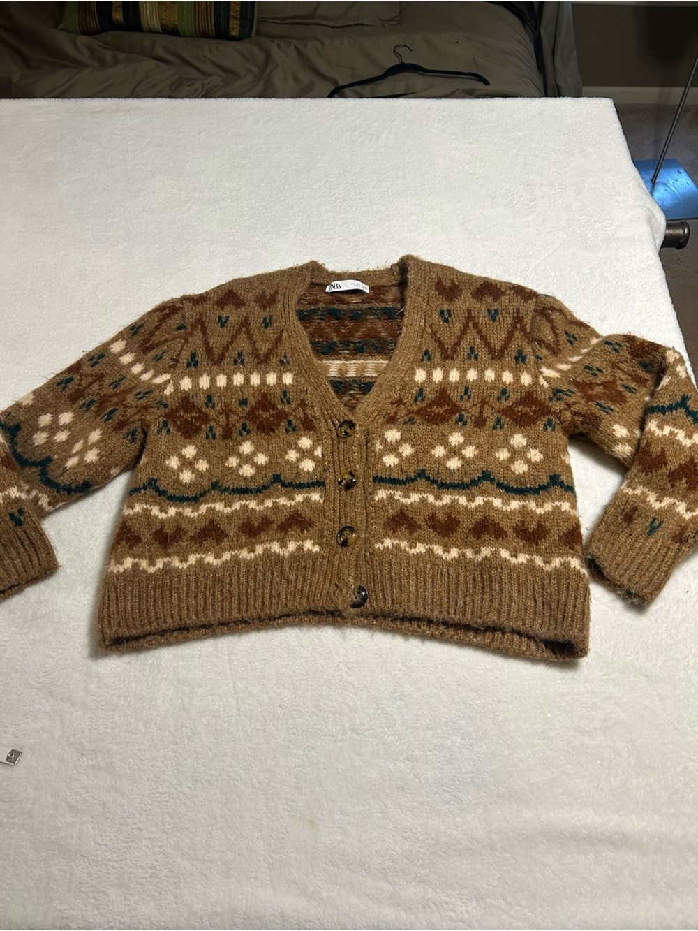 Zara Fair Isle Knit Cardigan Sweater Brown Cream Oversized Size Large - Picture 5 of 8